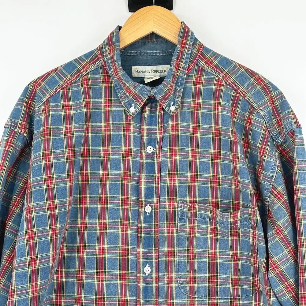VTG 90s Banana Republic Mens Plaid Button Up Denim Shirt XL Preppy‎ Outdoors Y2K